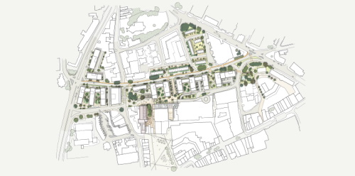 A plan sketch showing an improved Greyfriars including new homes and shops, along with new greenspace.
